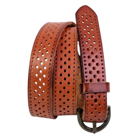 PERFORATED BROWN REAL LEATHER 7/8"Wd SKINNY CASUAL DRESS WOMEN'S BELT Sz XL (84T - Picture 1 of 12